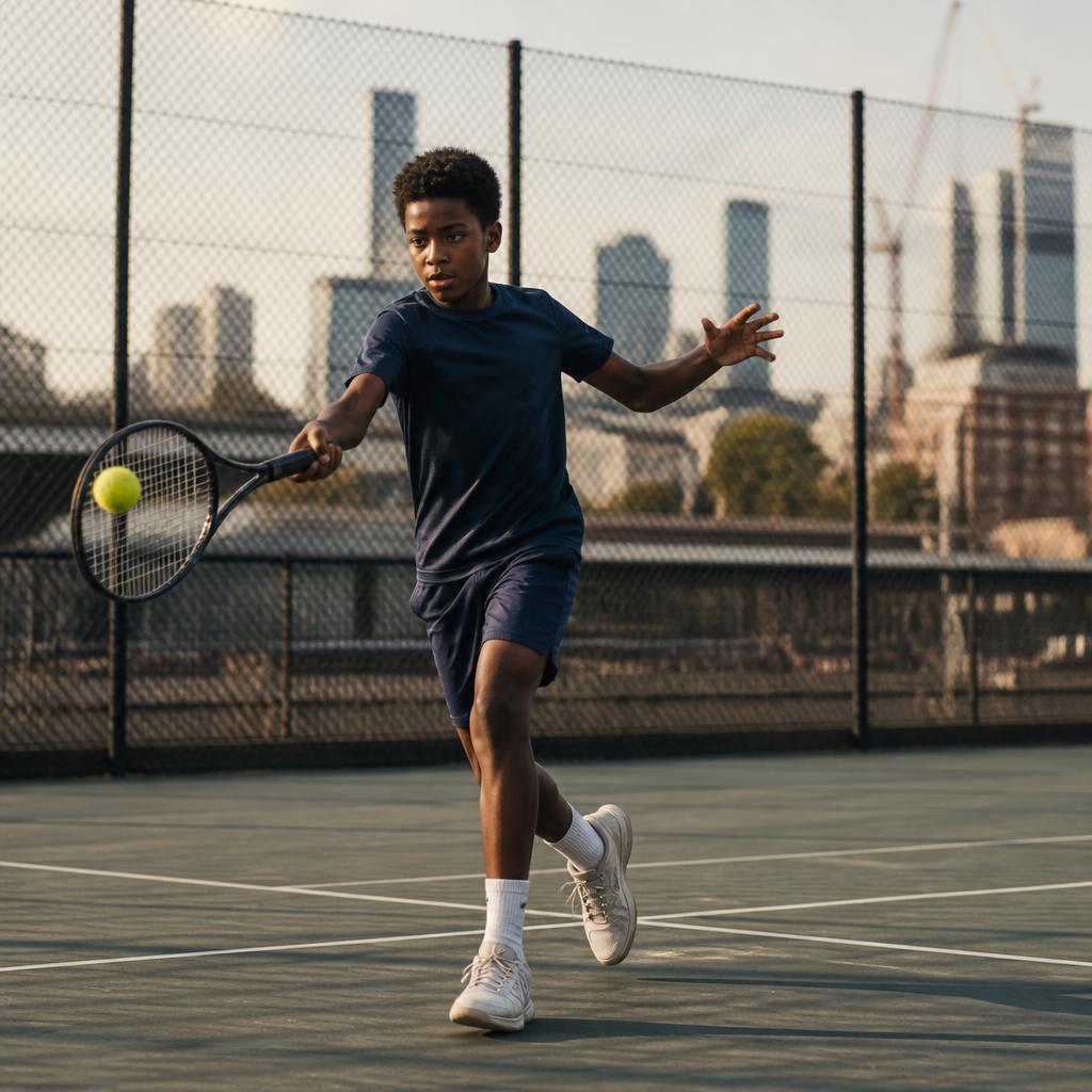 Young player hitting a forehand on an outdoor city tennis court